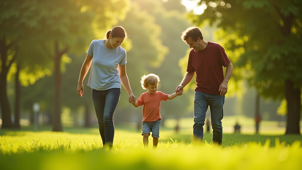 Família no parque com criança brincando, pais conversando amigavelmente sobre responsabilidades parentais