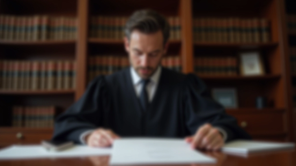 Juiz a examinar documentos sobre caso de família e responsabilidades parentais numa sala de tribunal