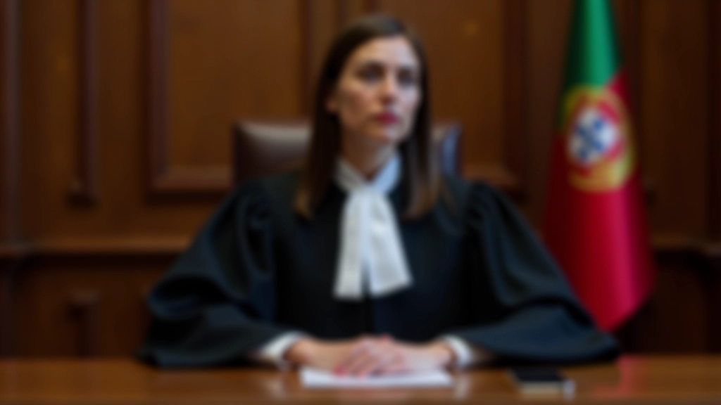 Juiz numa sala de tribunal a trabalhar com documentos, bandeira portuguesa ao fundo
