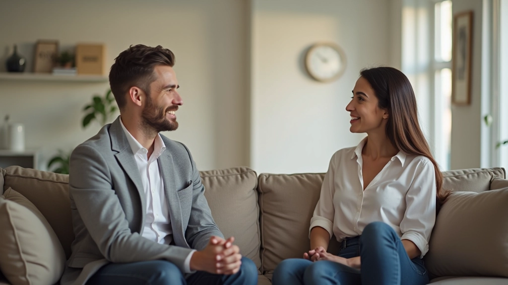 Pai e mãe conversando amigavelmente sobre arranjos parentais, mostrando cooperação e comunicação positiva