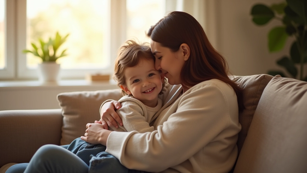 Mãe e filho abraçados num sofá aconchegante, mostrando ligação emocional e segurança familiar